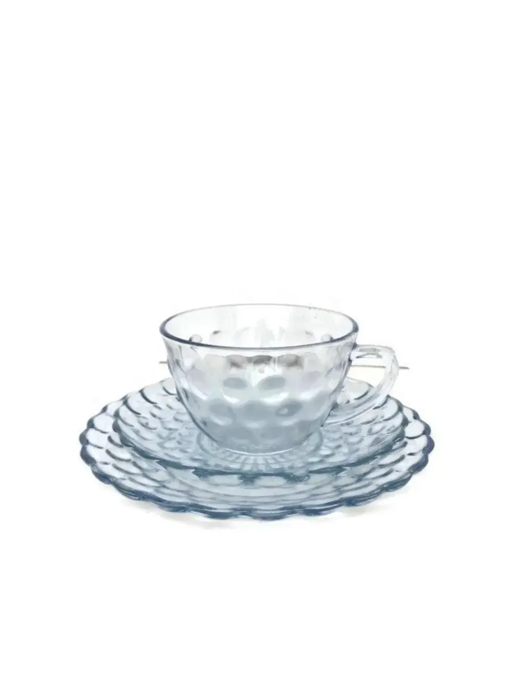 Vintage Anchor Hocking Pale Blue Glassware Set: Bubble Design Tea Cup and Saucer
